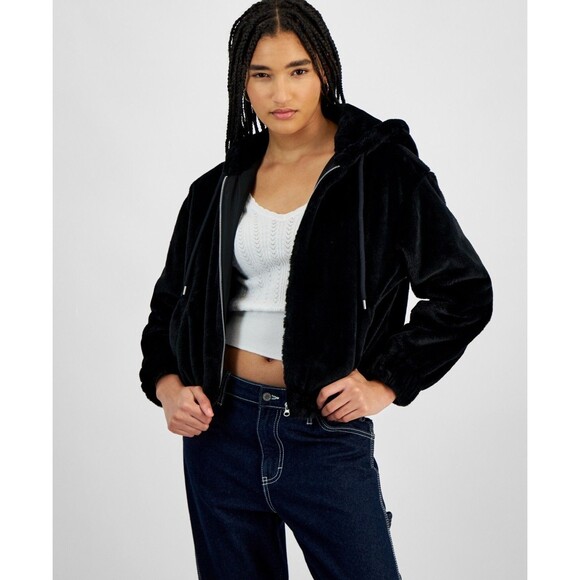 Planet Heart Juniors' Faux-Fur Cozy Zip-Front Jacket - Black, S - Picture 1 of 2